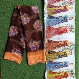 SK Roomani printed brown saree with purple floral design and orange border – includes catalog of 6 color variants – perfect for daily and festive wear from Freaky Fashions