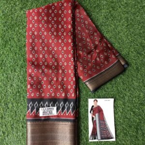Elegant Maroon Ikkat Silk Saree with Rich Zari Border This beautiful maroon Ikkat silk saree features traditional motifs, a striking black-gold zari border, and comes with a matching blouse piece. Perfect for festive occasions, weddings, and celebrations.