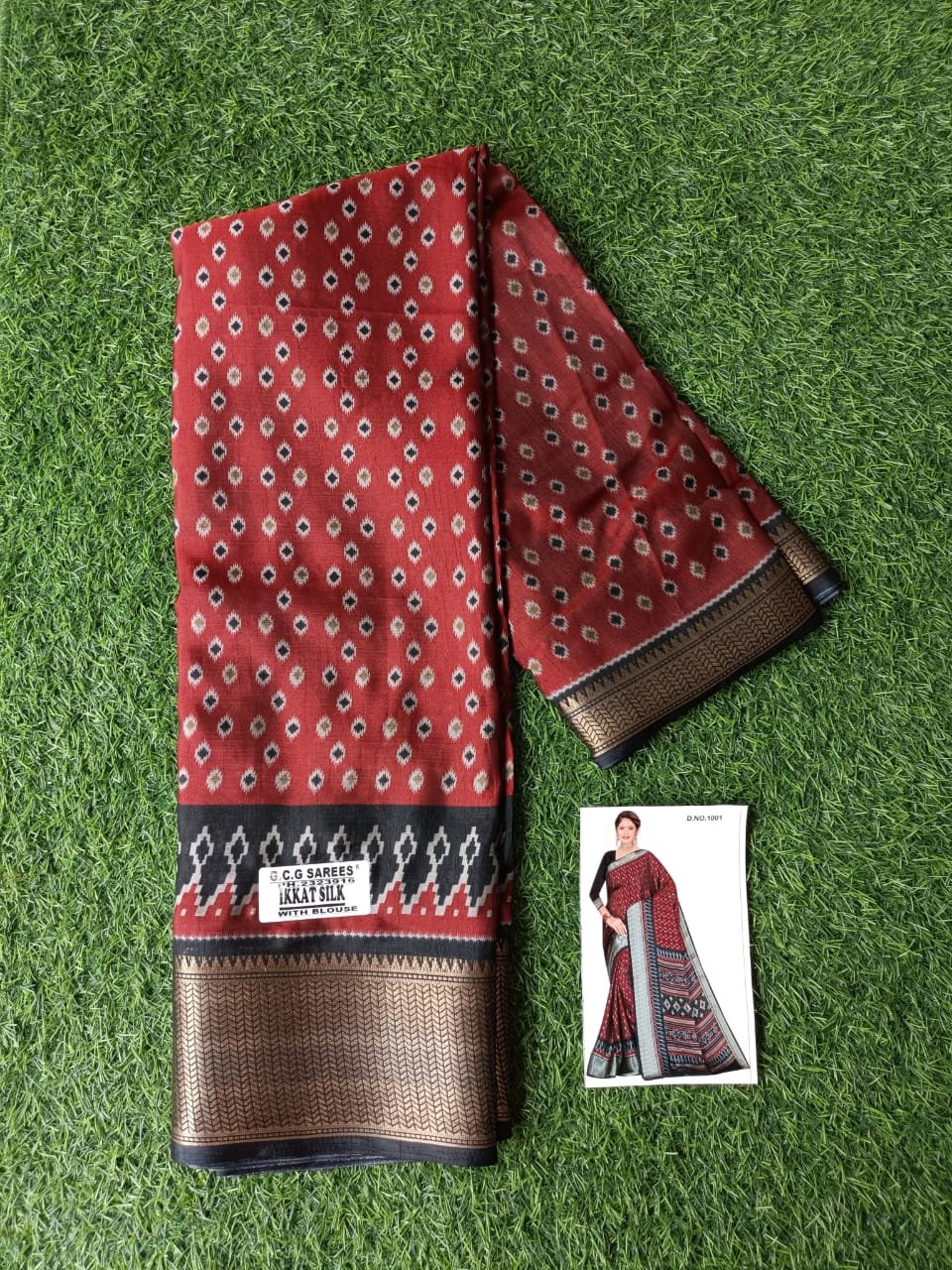 Elegant Maroon Ikkat Silk Saree with Rich Zari Border This beautiful maroon Ikkat silk saree features traditional motifs, a striking black-gold zari border, and comes with a matching blouse piece. Perfect for festive occasions, weddings, and celebrations.