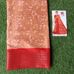 Make a statement with this elegant Korean silk saree featuring delicate floral prints and a rich red border. Perfect for office wear, festive occasions, or everyday elegance.