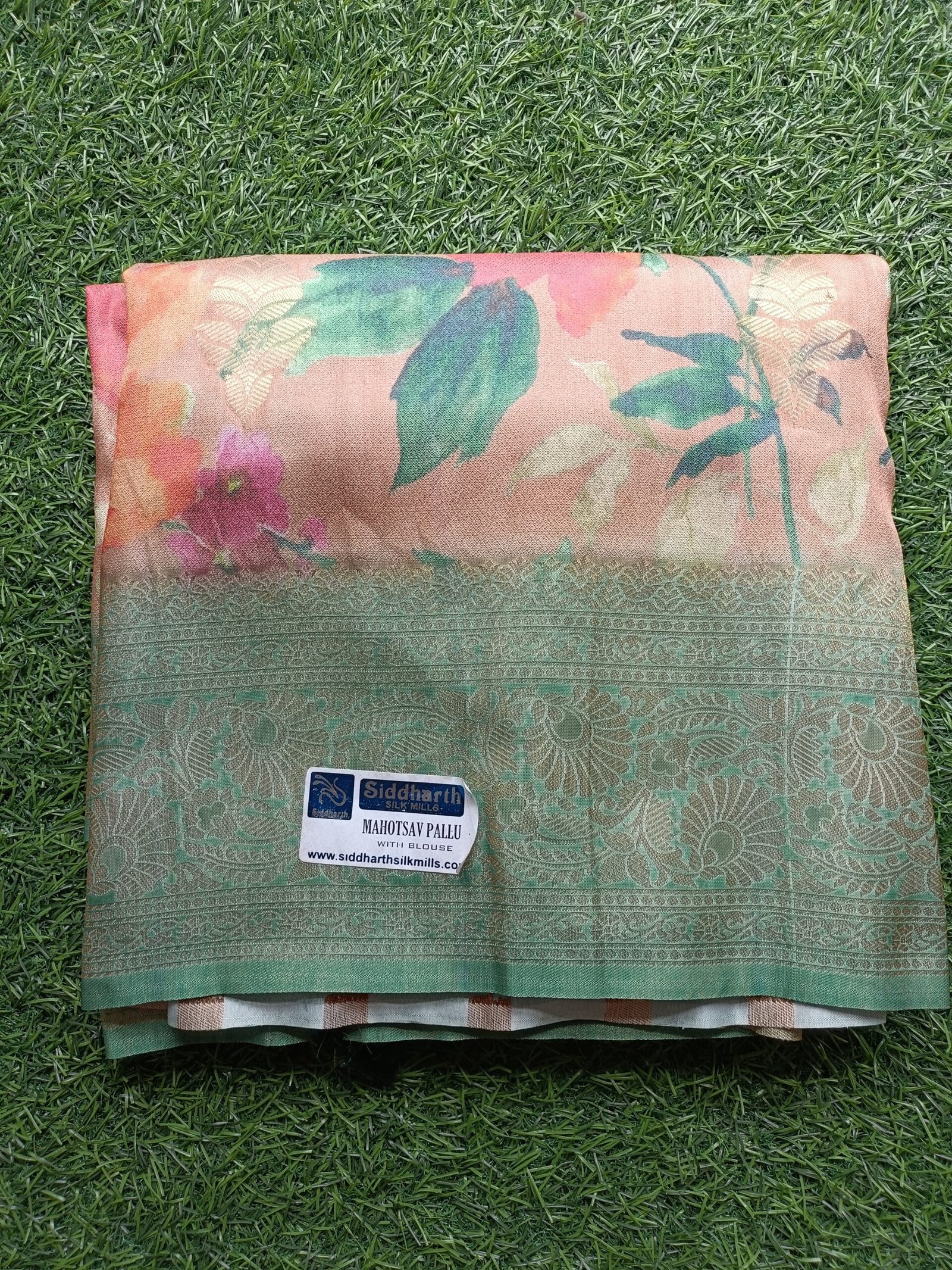Floral Printed Soft Silk Saree with Rich Green Border