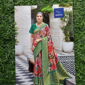 Floral Printed Soft Silk Saree with Rich Green Border