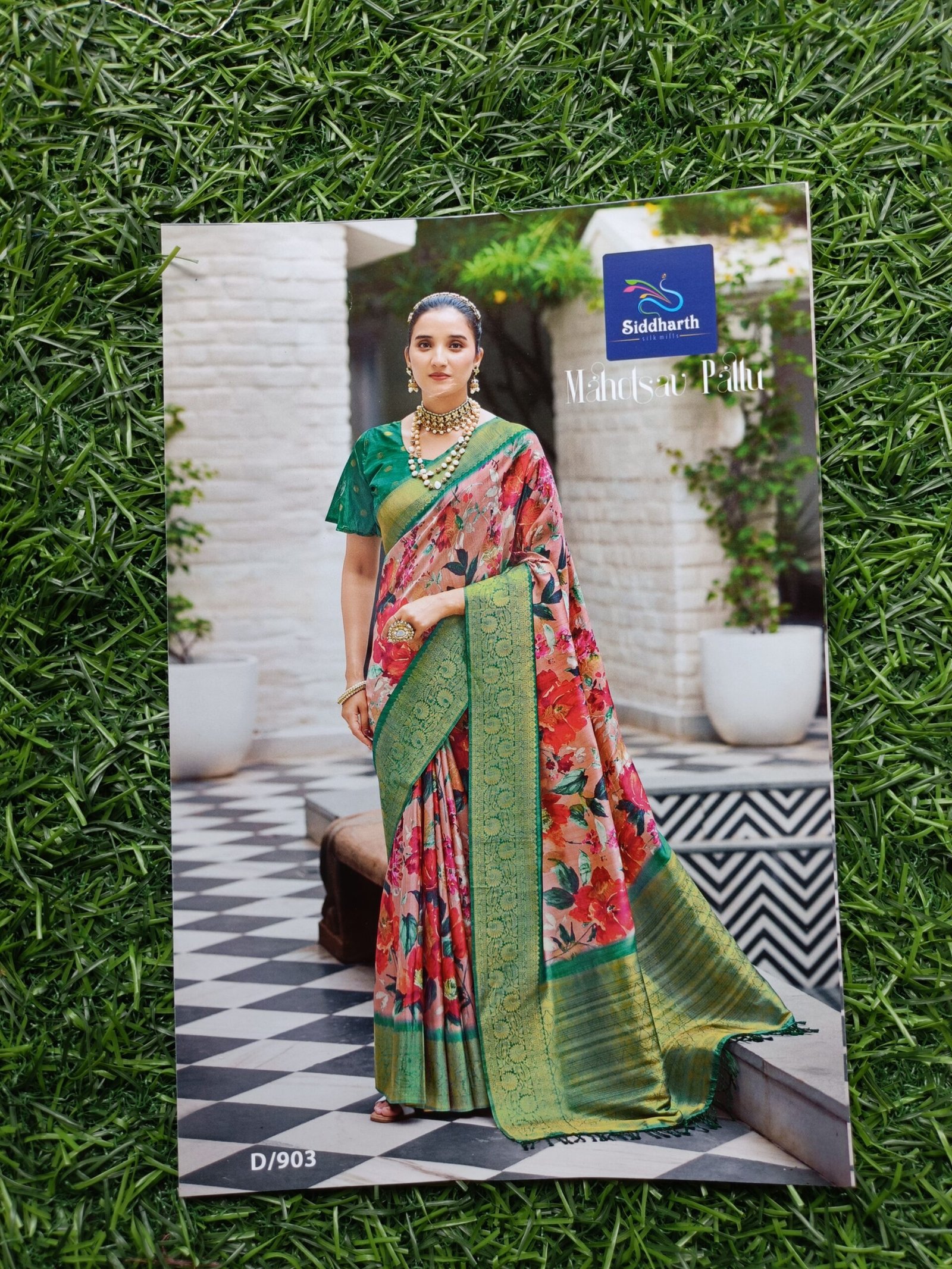 Floral Printed Soft Silk Saree with Rich Green Border